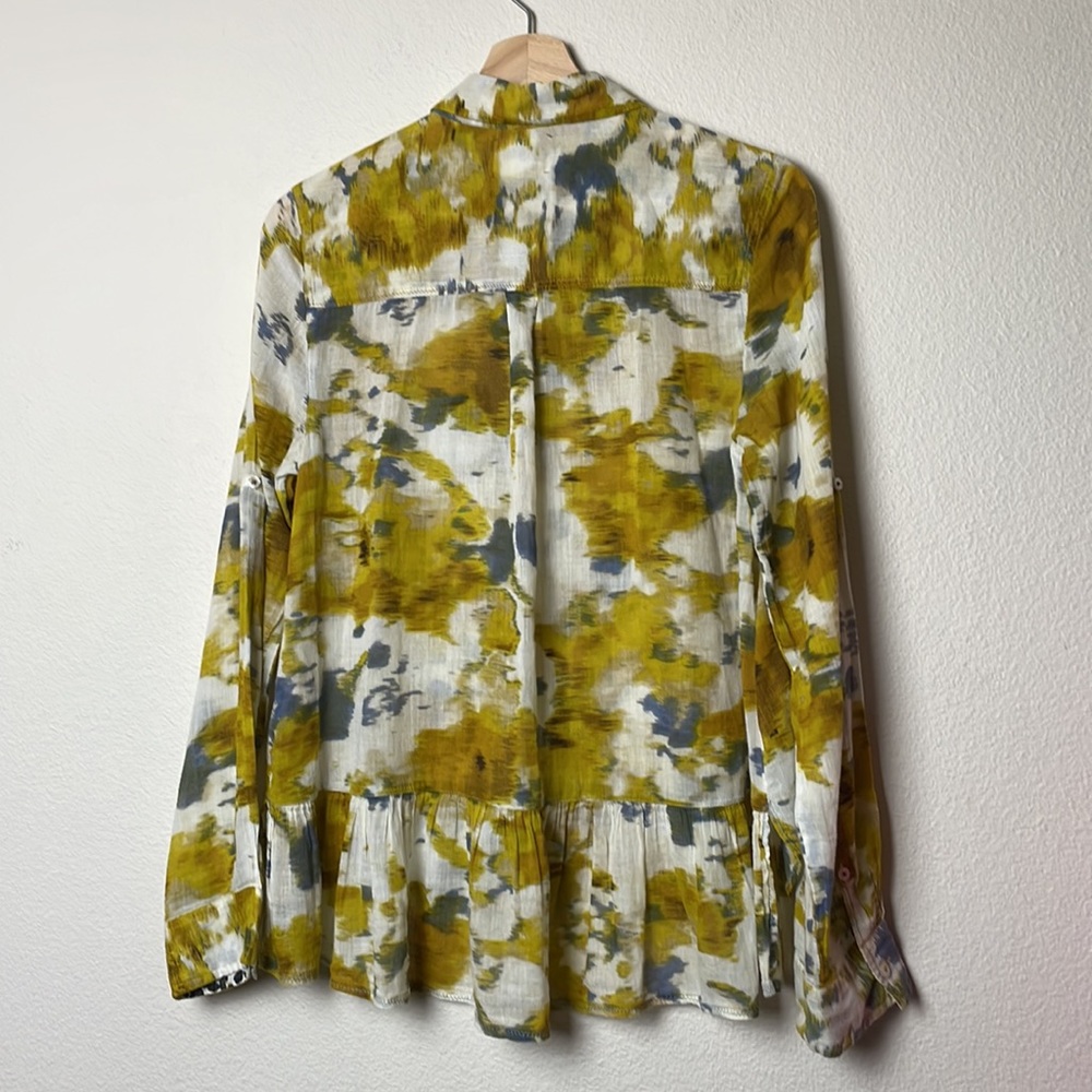 Anthropologie X Holding Horses Abstract Boho Hi-Low Ruffle Hem Roll Tab Blouse - Picture 8 of 9